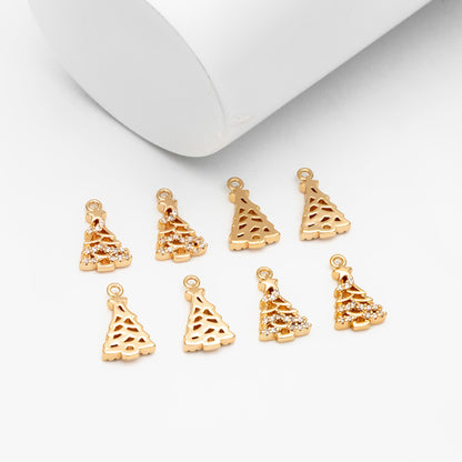 4pcs CZ pave Gold Christmas Tree Charms 13x8mm, 18K Gold plated Brass, Dainty Christmas Tree Pendants (GB-713-D)