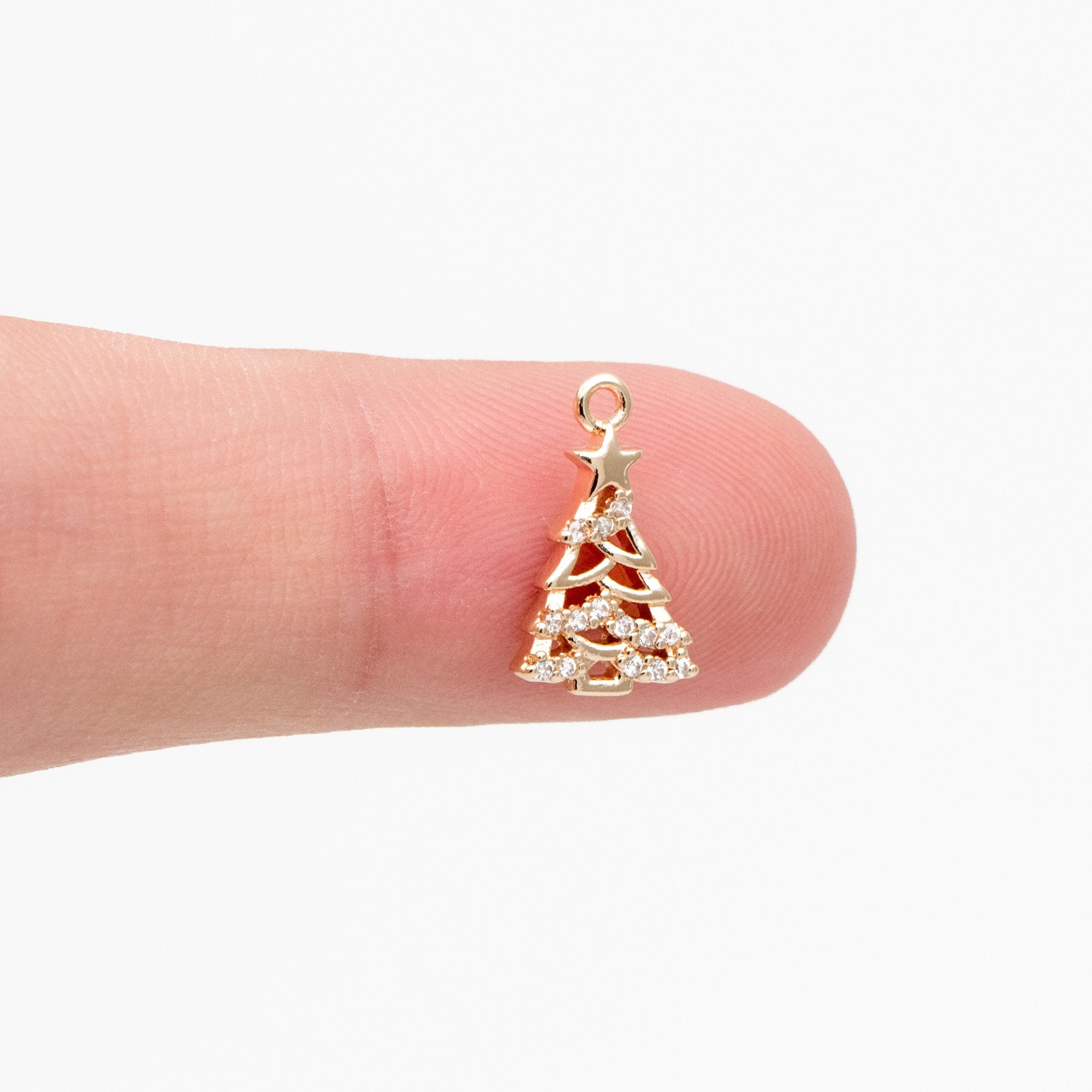 4pcs CZ pave Gold Christmas Tree Charms 13x8mm, 18K Gold plated Brass, Dainty Christmas Tree Pendants (GB-713-D)
