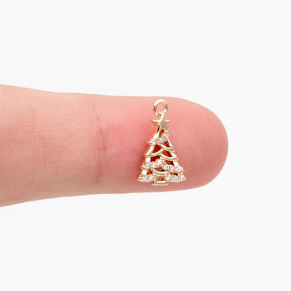 4pcs CZ pave Gold Christmas Tree Charms 13x8mm, 18K Gold plated Brass, Dainty Christmas Tree Pendants (GB-713-D)
