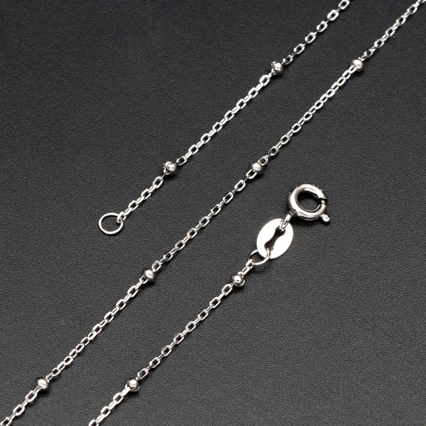 Sterling Silver .925 Beaded Necklaces, Rhodium plated Chains, 0.9mm Cable Chains with 2.5mm Round Ball Beads, 18 Inch Ready to Wear (CY-015)