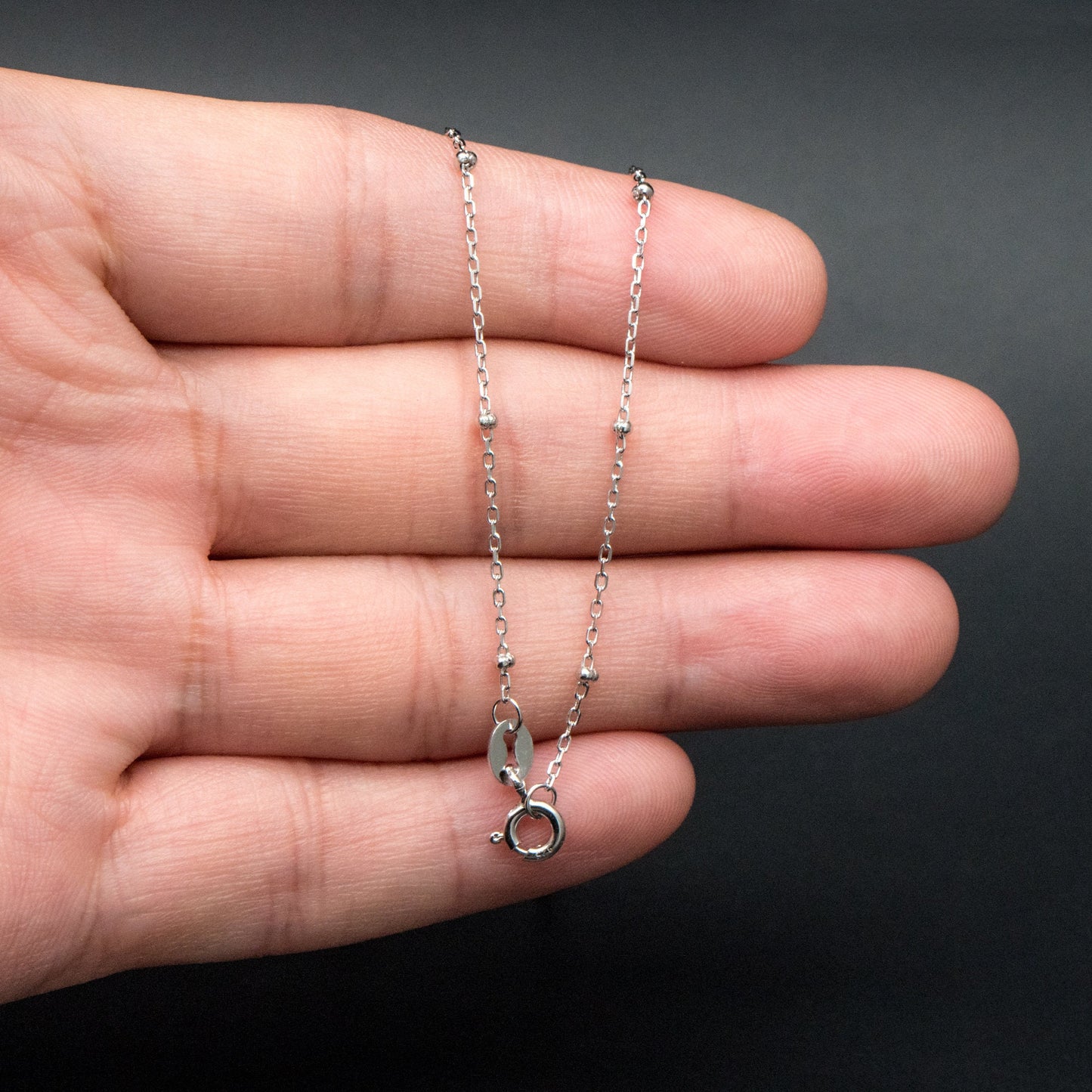 Sterling Silver .925 Beaded Necklaces, Rhodium plated Chains, 0.9mm Cable Chains with 2.5mm Round Ball Beads, 18 Inch Ready to Wear (CY-015)