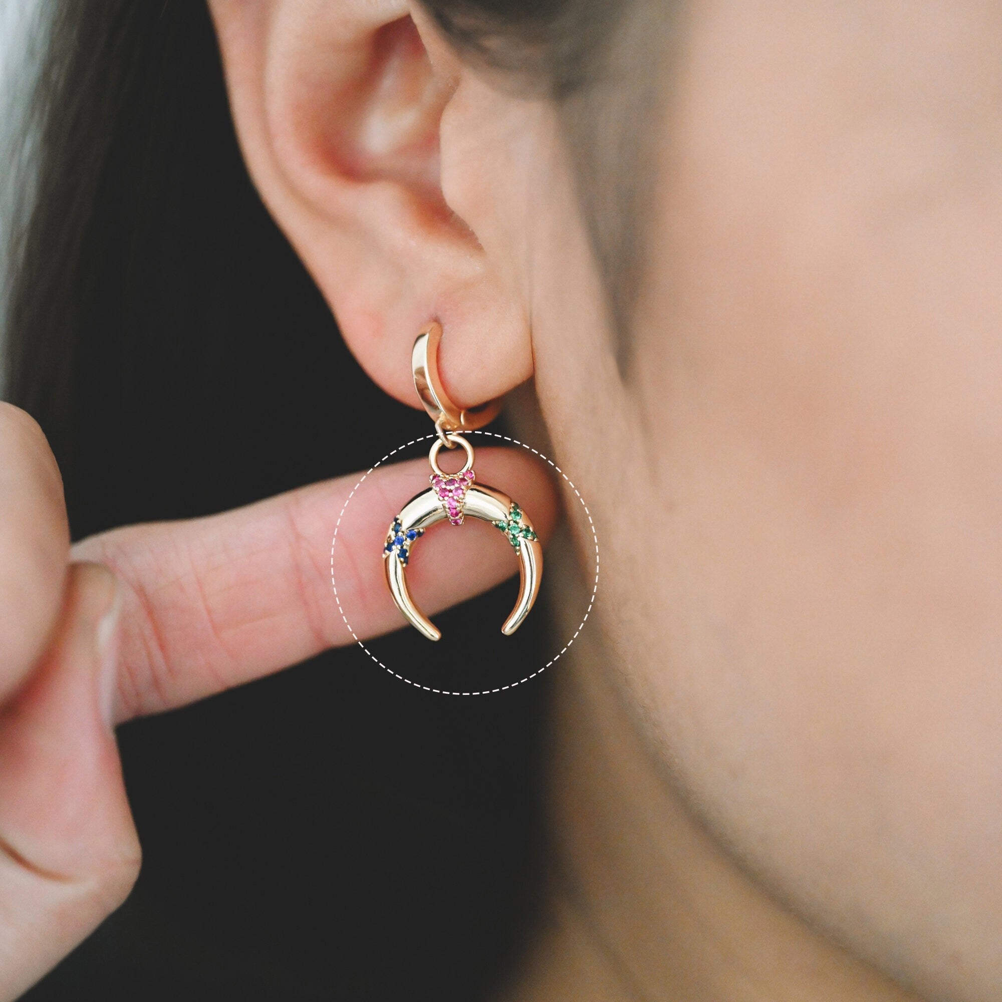 4pcs Colourful CZ pave Gold Crescent Moon Charm 16x20mm, 18K Gold plated Brass, OX Horn Pendant (GB-2394-C2)