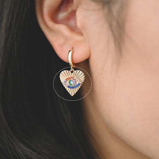 4pcs CZ pave Colourful Gold Heart Evil Eye Charm 15mm, Gold Plated Brass Heart Pendant (GB-4085-E)