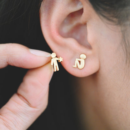 10pcs Gold Stand and Sit Boy Asymmetry Earrings, Gold plated Brass Minimalist Stud Earrings (GB-4099)