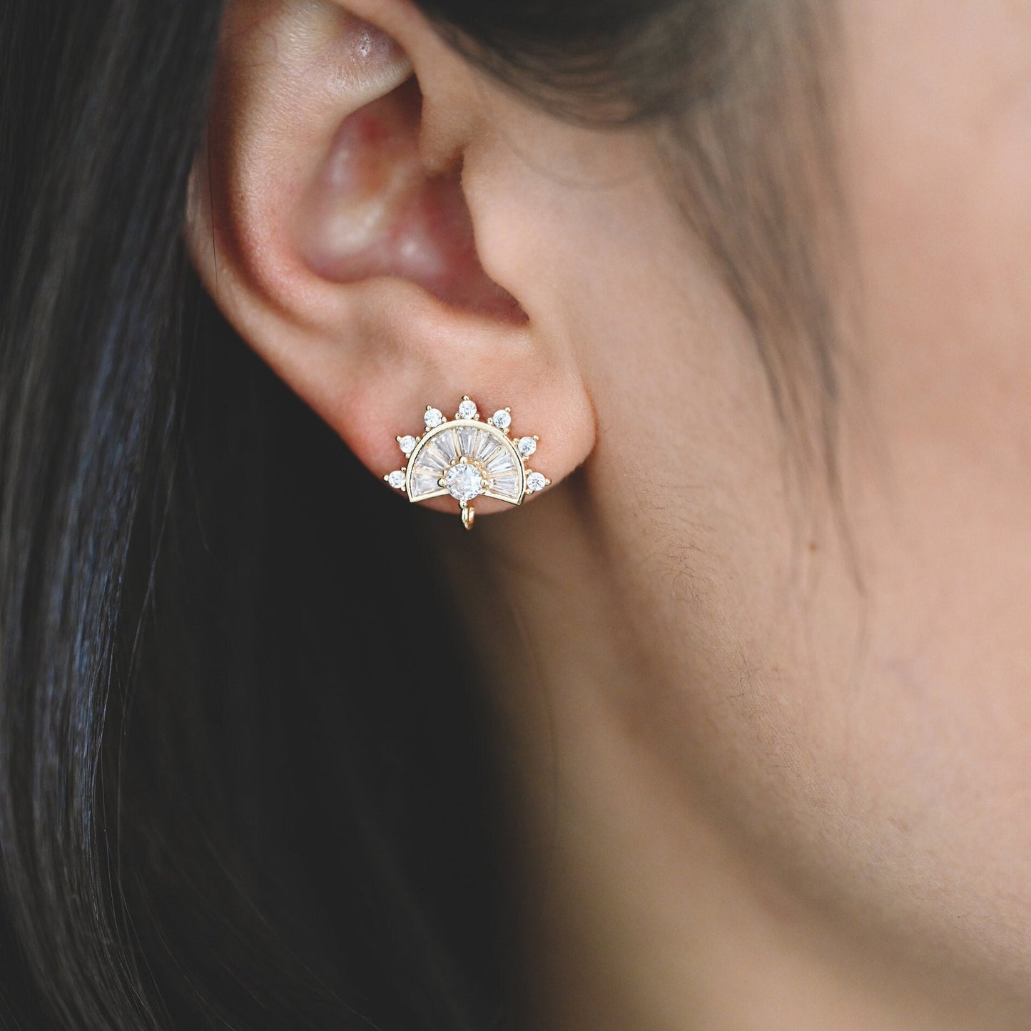 4pcs CZ Pave Gold Fan Shape Earring with Loop, Gold Plated Brass Fan Stud Earrings (#GB-1205-B)