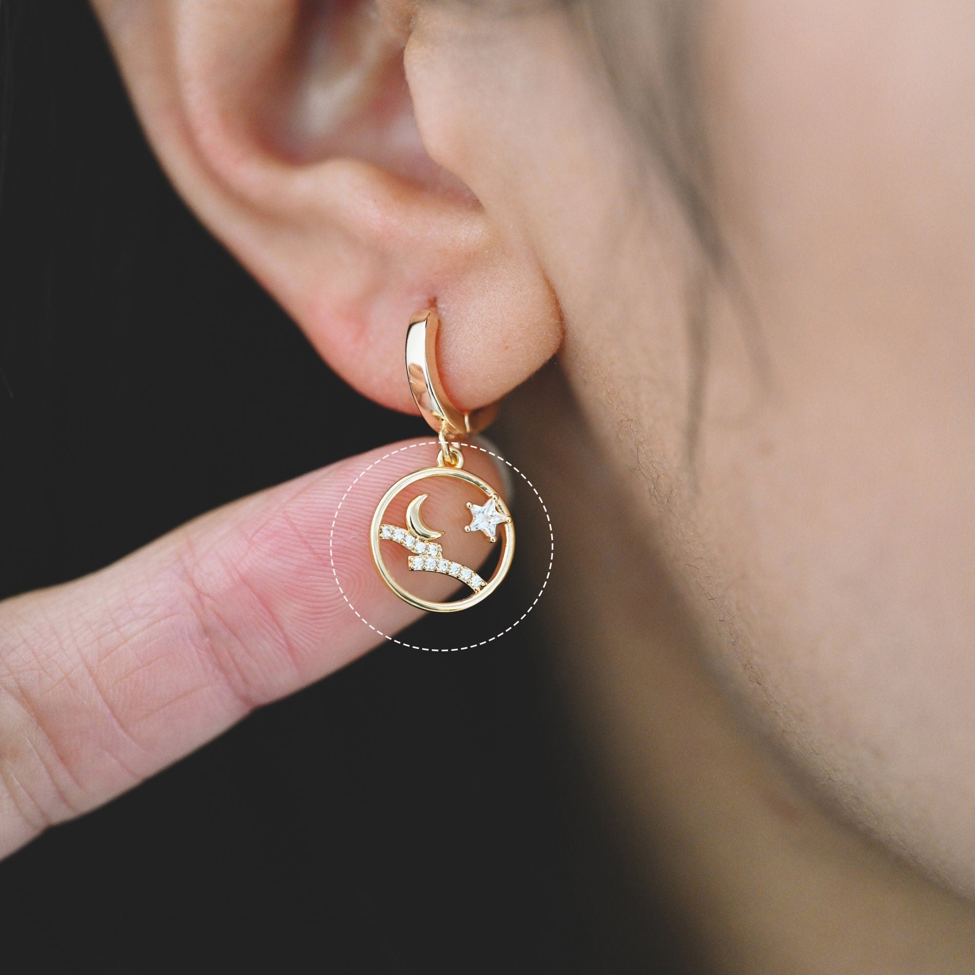 4pcs Gold Moon Charms, Gold Star Pendants 12mm, CZ Cubic Zirconia Pave Pendants (GB-2433-D)