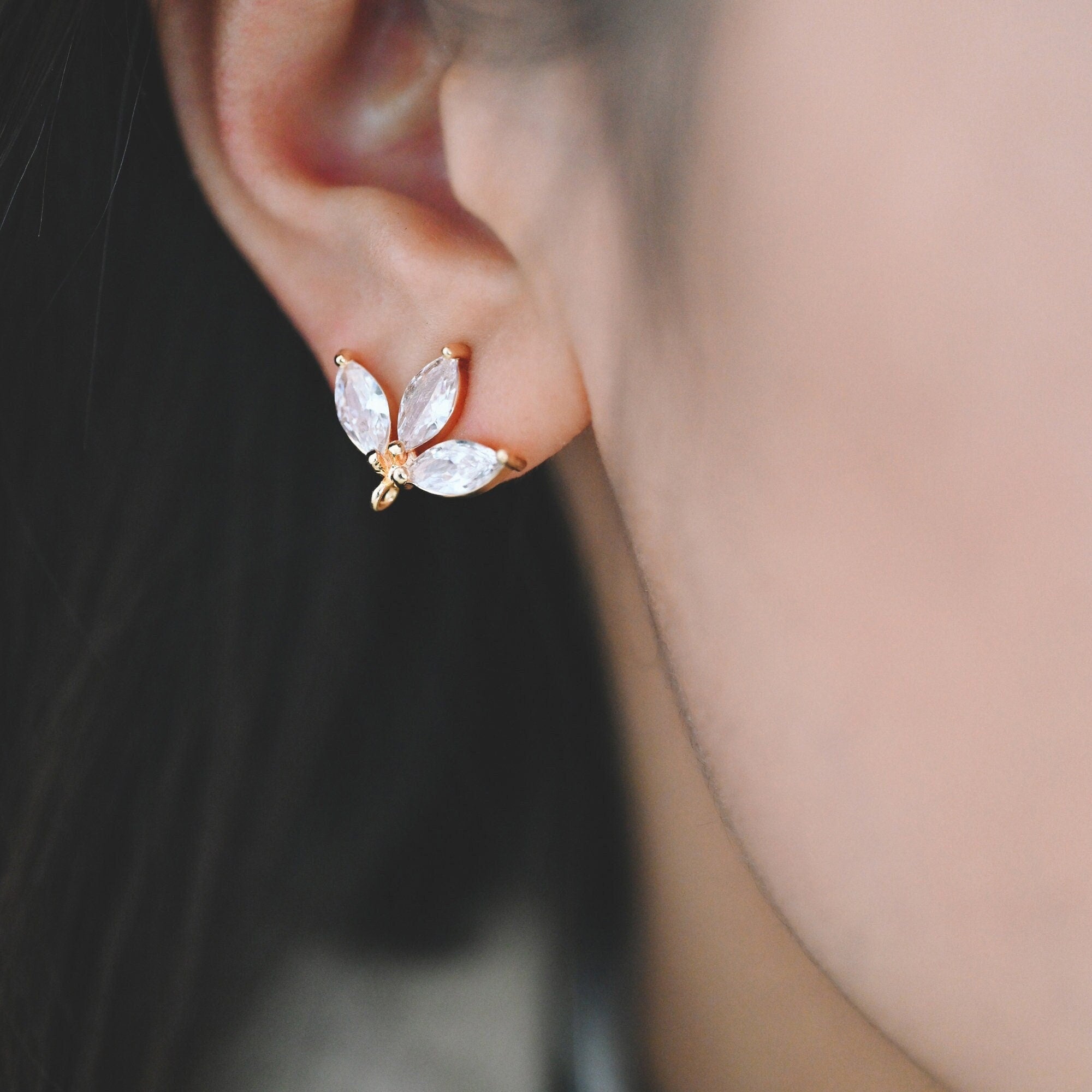 10pcs CZ Pave Gold/ Silver Tone leaf Earring with Loop 17x14mm, Dainty Studs, Leaves Earrings(#GB-1205)