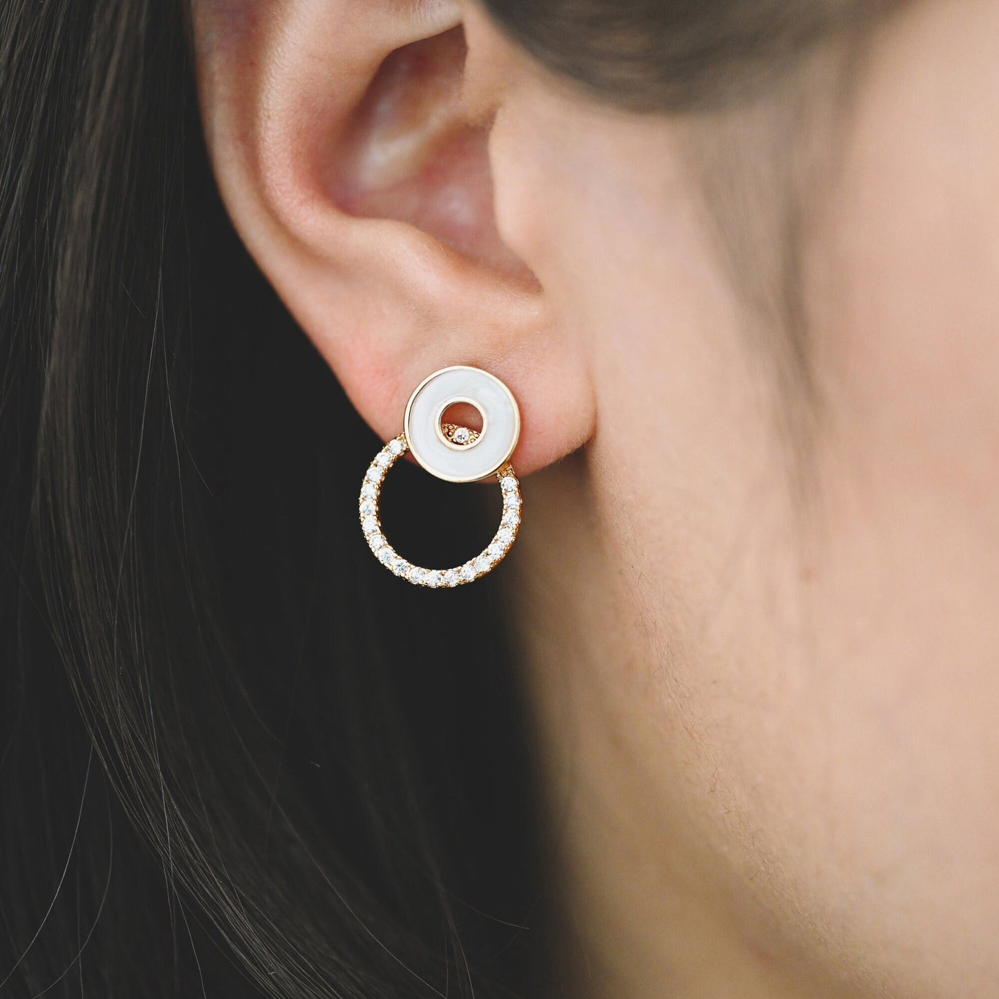 10pcs CZ Pave Enamel Circle Earring with Loop 14x20mm, 18K Gold plated Brass Ear Findings (#GB-1467)