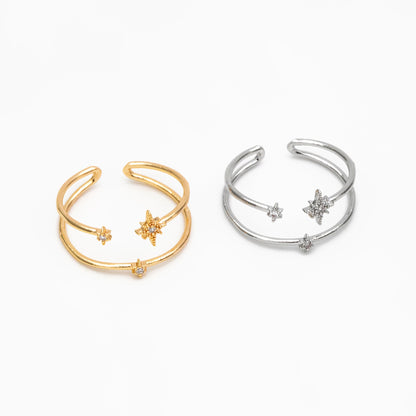 4pcs CZ Pave North Star Ring: 18K Gold Plated Double Band, Adjustable (JZ-017-B)