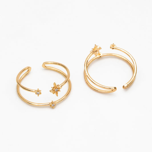 4pcs CZ Pave North Star Ring: 18K Gold Plated Double Band, Adjustable (GB-4175)