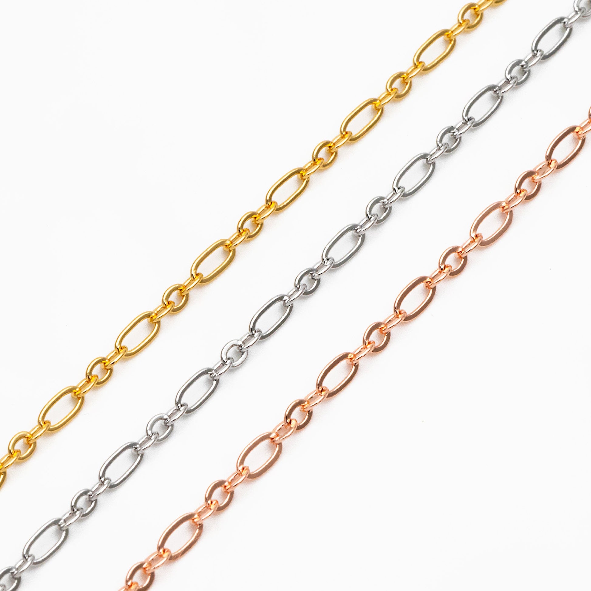 Gold/ rhodium/ Rose Gold plated Brass Oval Cable Chains 2.4mm, Figaro Chain Supplies Wholesale (#LK-285)/ 1 Meter=3.3 ft