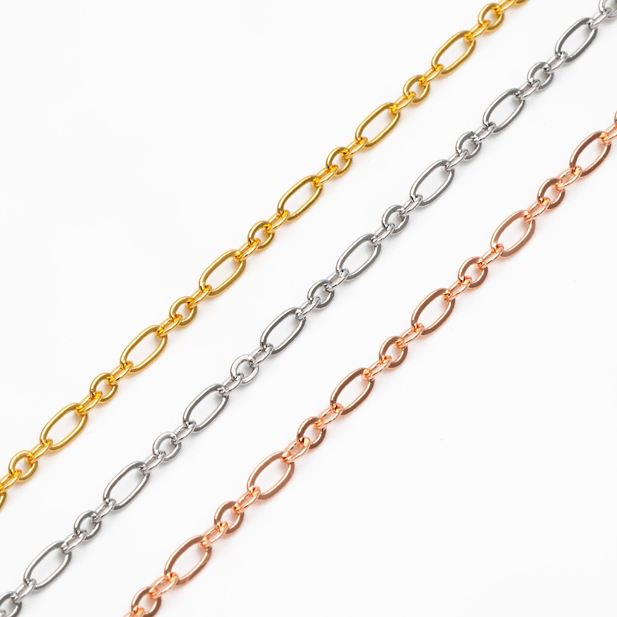 Gold/ rhodium/ Rose Gold plated Brass Oval Cable Chains 2.4mm, Figaro Chain Supplies Wholesale (#LK-285)/ 1 Meter=3.3 ft