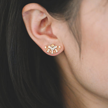 10pcs CZ Pave Fan Shape Earring Stud, Fan Stud Earring with Pearl Peg (#GB-1587)