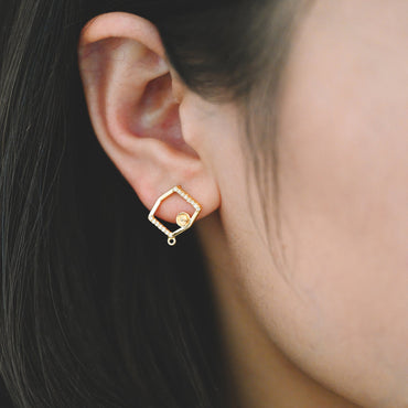 10pcs CZ pave Irregular Earring with loop 15x14mm, Pearl Peg Earring Mounts,Half Drilled Pearl Earring Settings (GB-1542)