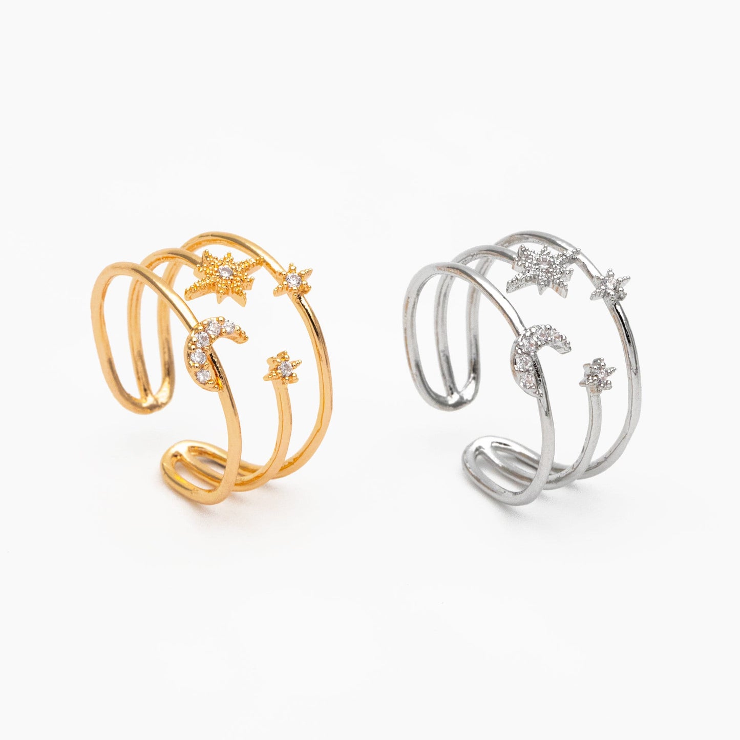4pcs CZ Pave Triple Band Moon and Star Ring, Celestial Ring, Modern Style Ring, Fashion Rings, Dainty Rings, Adjustable Ring (#JZ-017-D)