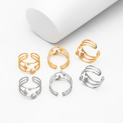 4pcs CZ Pave Triple Band Moon and Star Ring, Celestial Ring, Modern Style Ring, Fashion Rings, Dainty Rings, Adjustable Ring (#JZ-017-D)