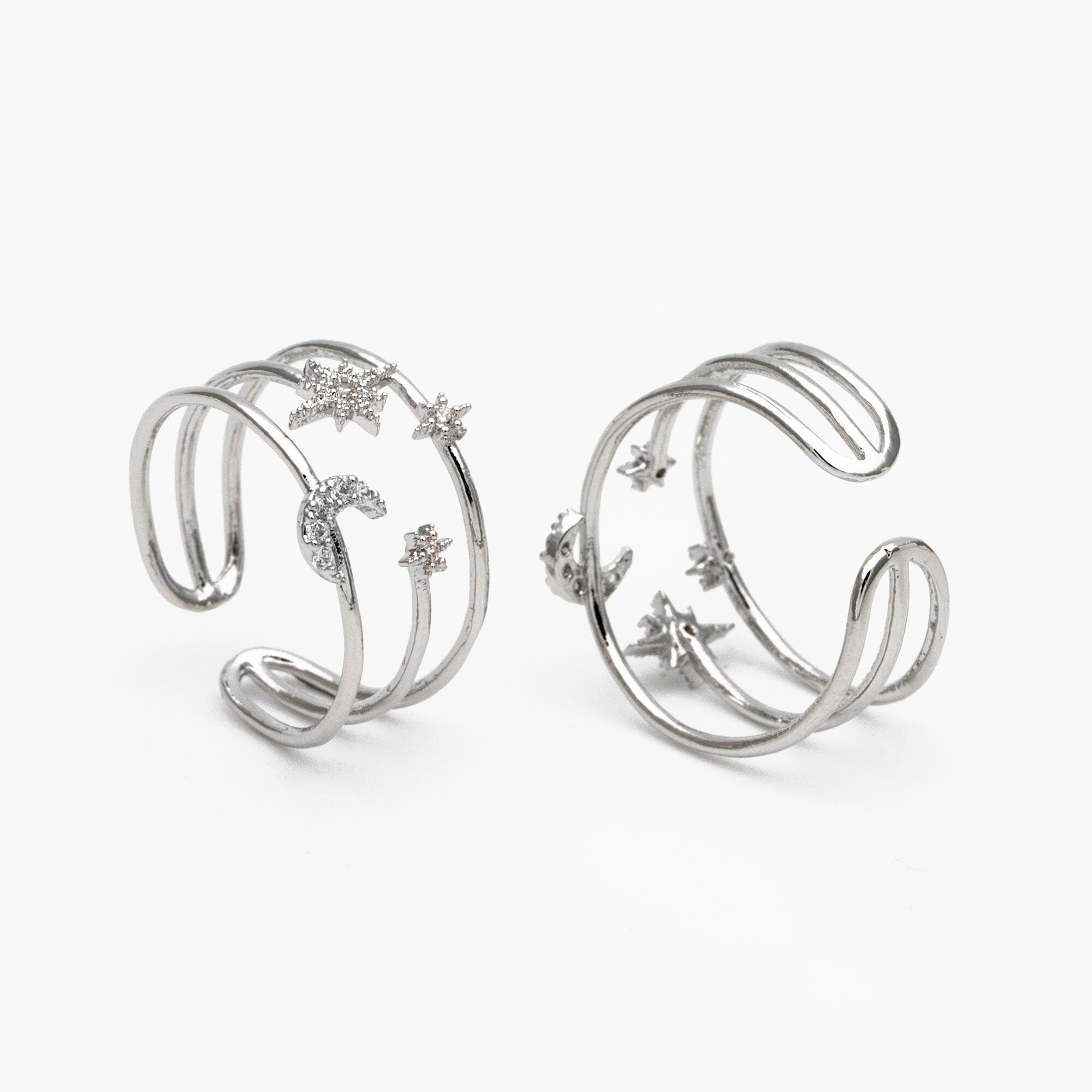 4pcs CZ Pave Triple Band Moon and Star Ring, Celestial Ring, Modern Style Ring, Fashion Rings, Dainty Rings, Adjustable Ring (#JZ-017-D)