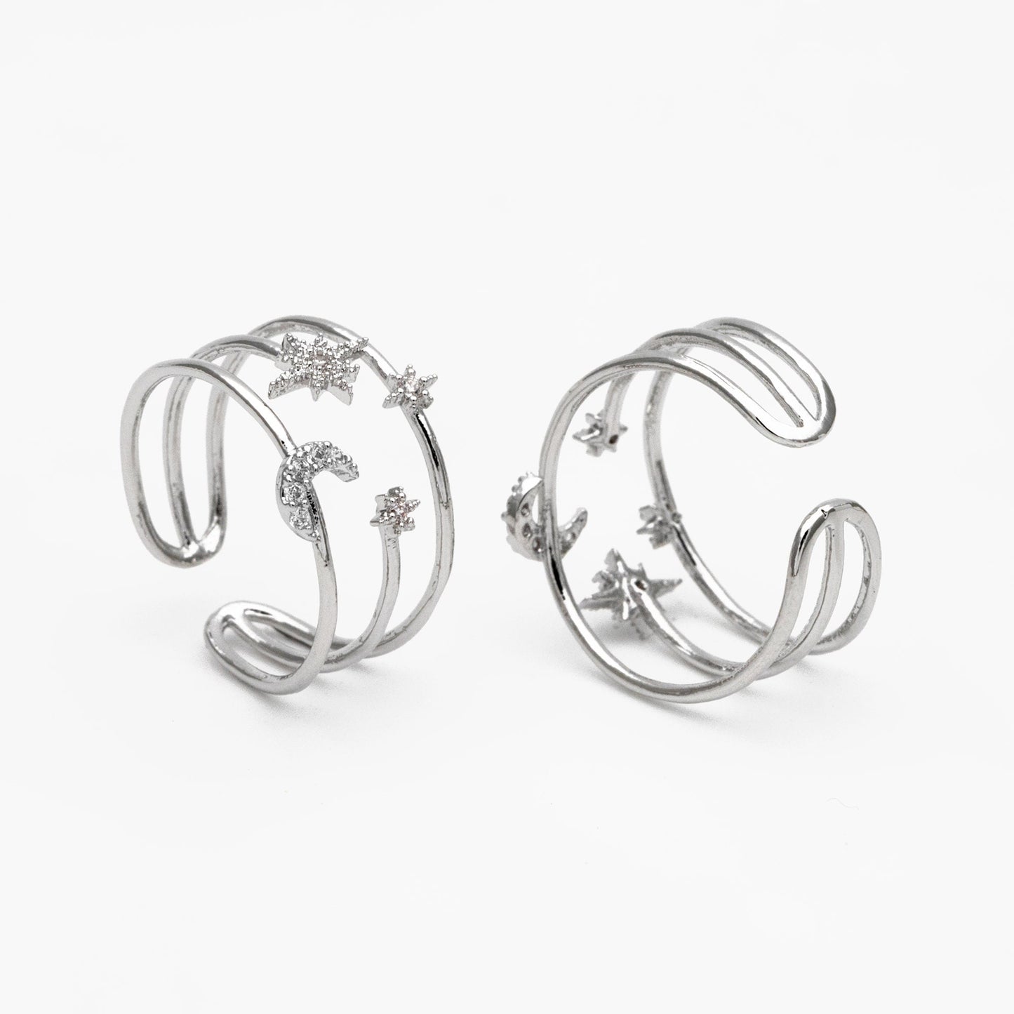 4pcs CZ Pave Triple Band Moon and Star Ring, Celestial Ring, Modern Style Ring, Fashion Rings, Dainty Rings, Adjustable Ring (#GB-4182)