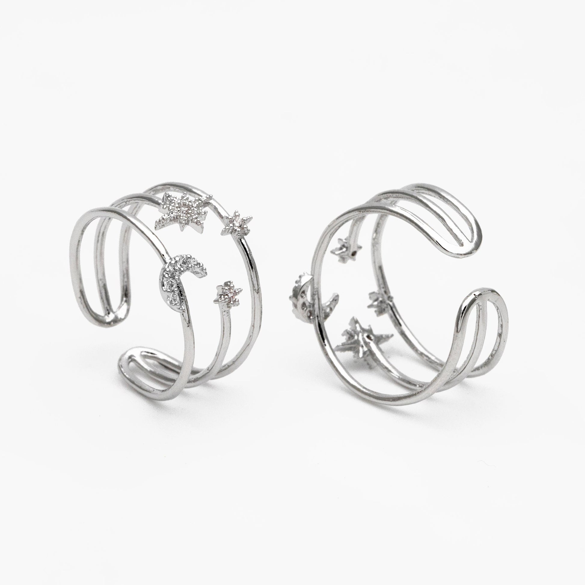 4pcs CZ Pave Triple Band Moon and Star Ring, Celestial Ring, Modern Style Ring, Fashion Rings, Dainty Rings, Adjustable Ring (#GB-4182)