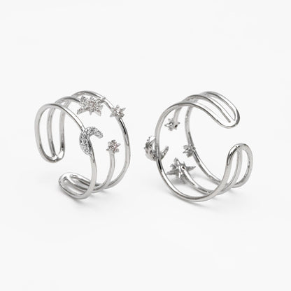 4pcs CZ Pave Triple Band Moon and Star Ring, Celestial Ring, Modern Style Ring, Fashion Rings, Dainty Rings, Adjustable Ring (#GB-4182)