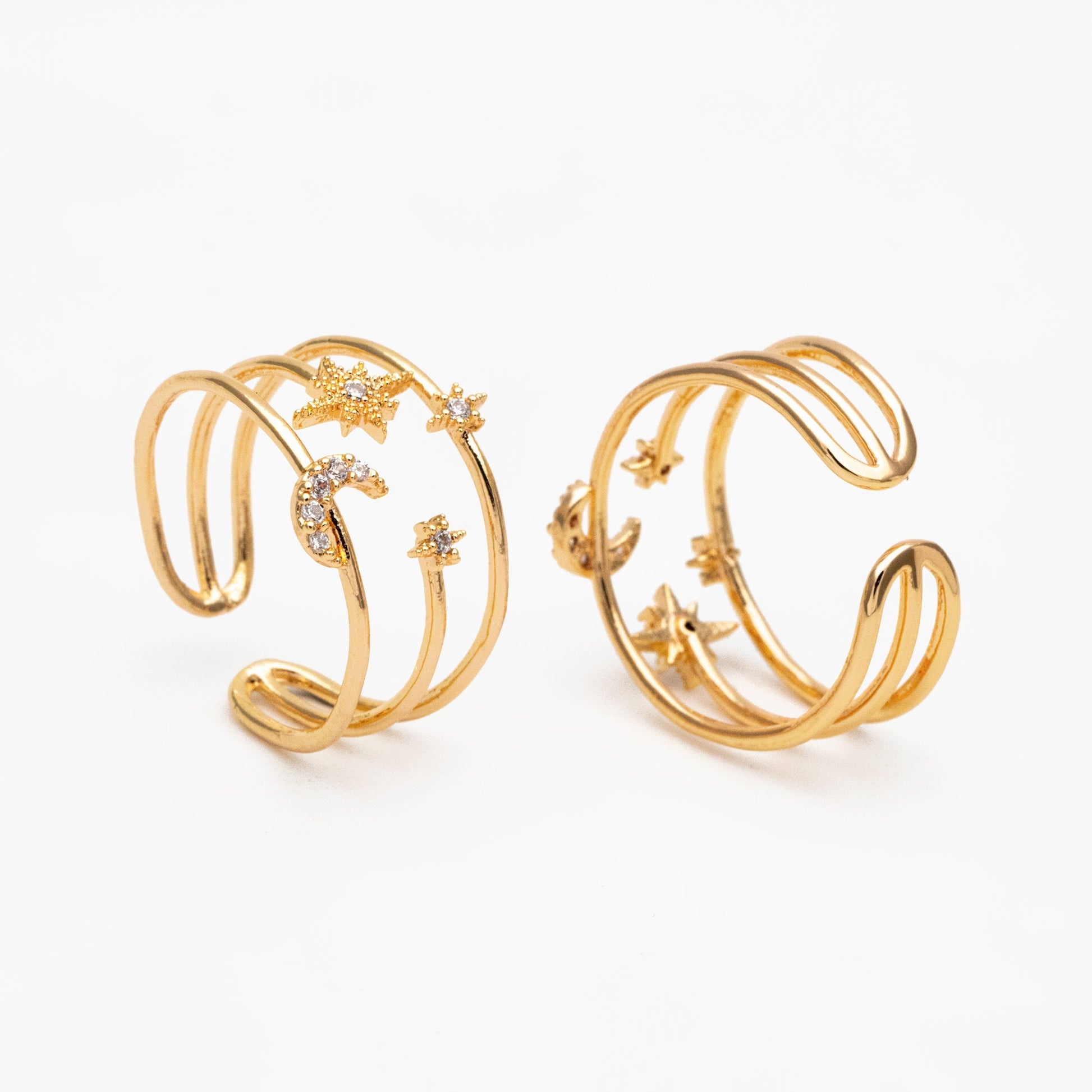 4pcs CZ Pave Triple Band Moon and Star Ring, Celestial Ring, Modern Style Ring, Fashion Rings, Dainty Rings, Adjustable Ring (#GB-4182)