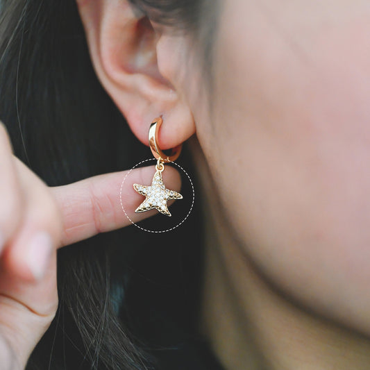 4pcs CZ Pave Gold Starfish Charms 15mm, Real 18K Gold plated Brass Star Pendants (GB-722-B)