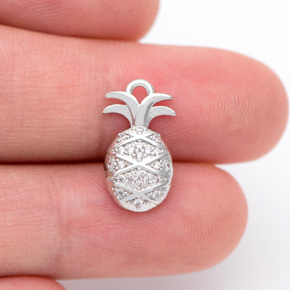 4pcs CZ pave Gold/ Silver Pineapple Charms 16x8mm, 18K Gold/ Rhodium plated Brass Pineapple Pendants (GB-4095-C)