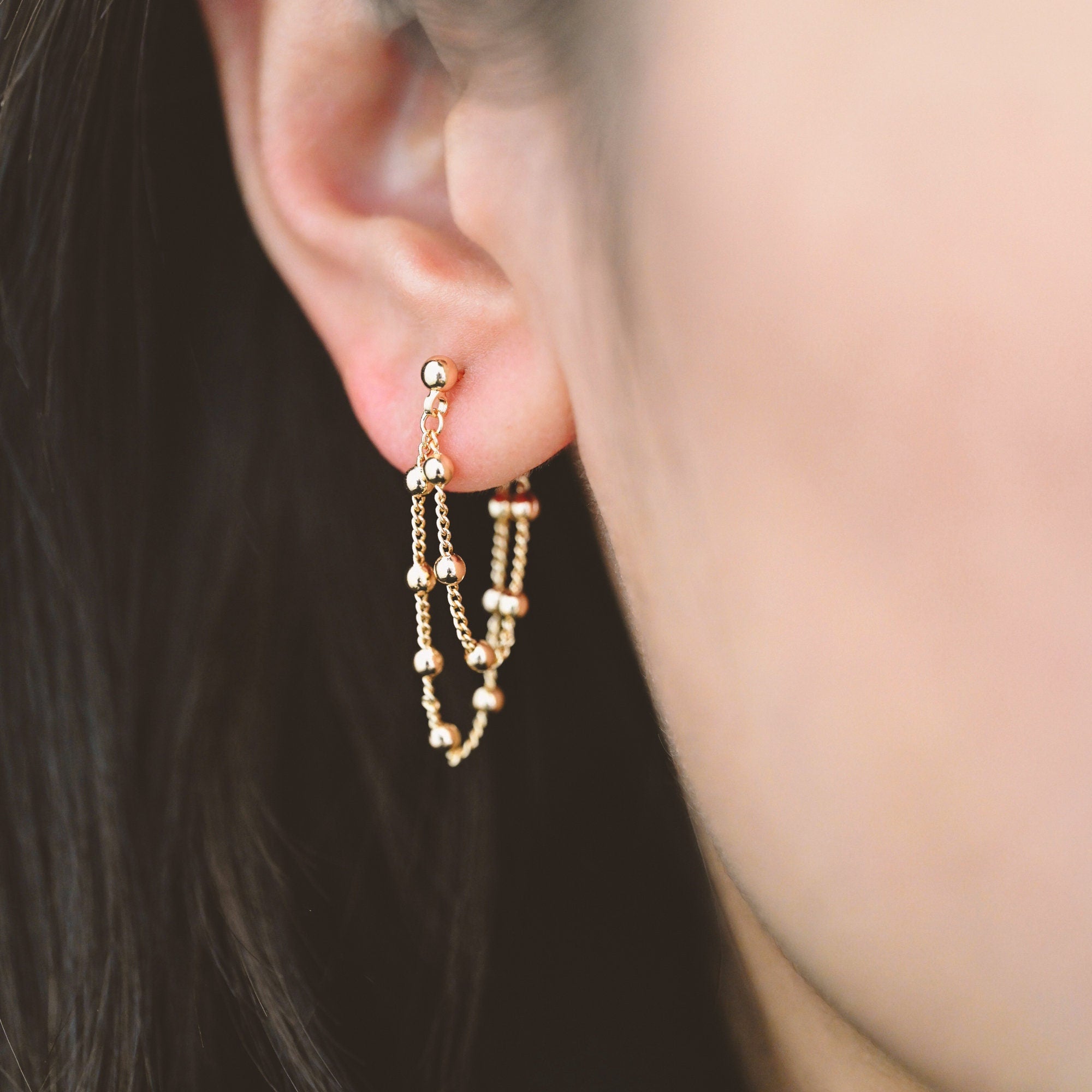 4pcs CZ Pave Gold/ Silver/ Rose Gold Chain Tassel Earrings, Gold/ Rhodium plated Brass, Front Back Earrings, Tassel Ear Jacket (GB-4189)