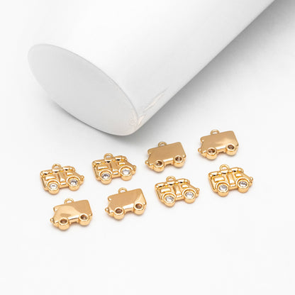 4pcs CZ Pave Gold Car Charm 12x11mm, Real Gold plated Brass Cute Car Pendants (GB-713-A)
