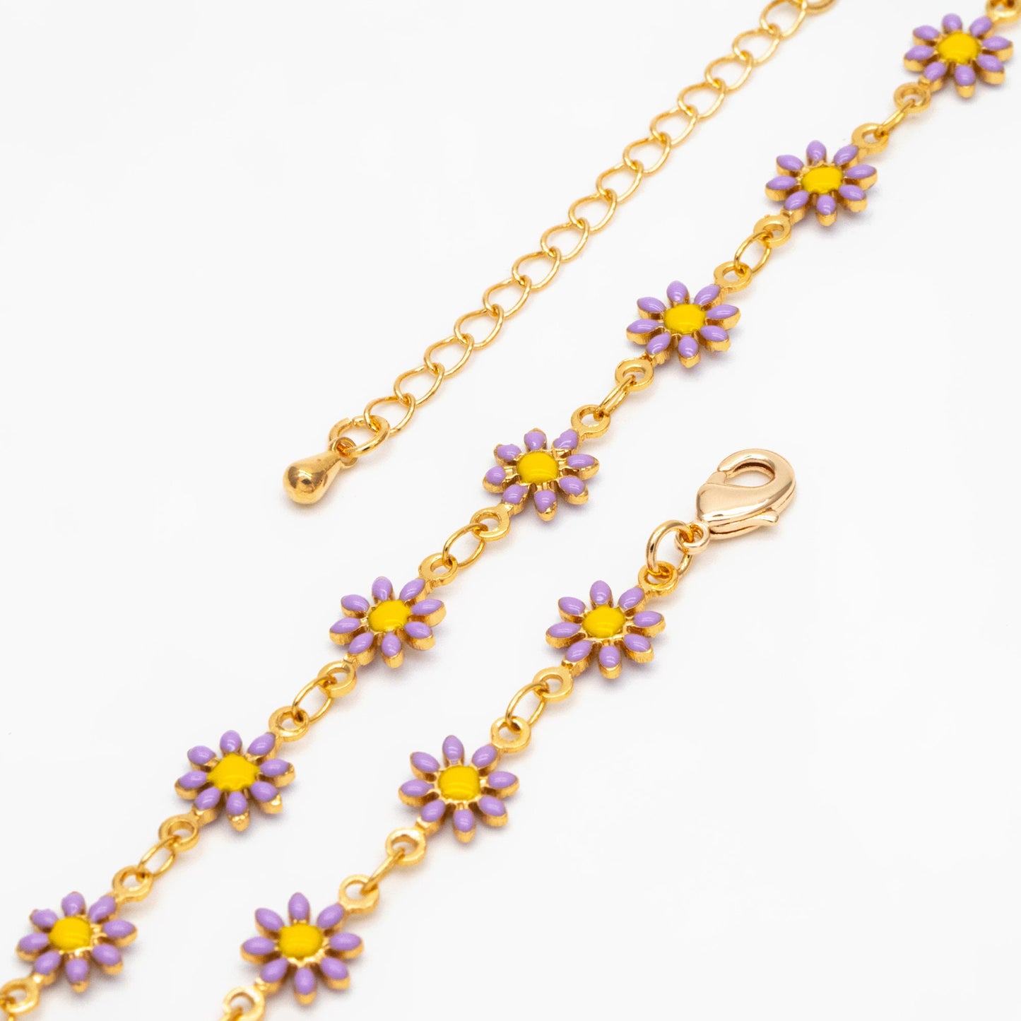 Gold Enamel Flower Chain, Purple Daisy Chain, Finished Bracelet/ Anklet/ Necklace with Extender Chain, Ready to Wear (#LK-578-3)
