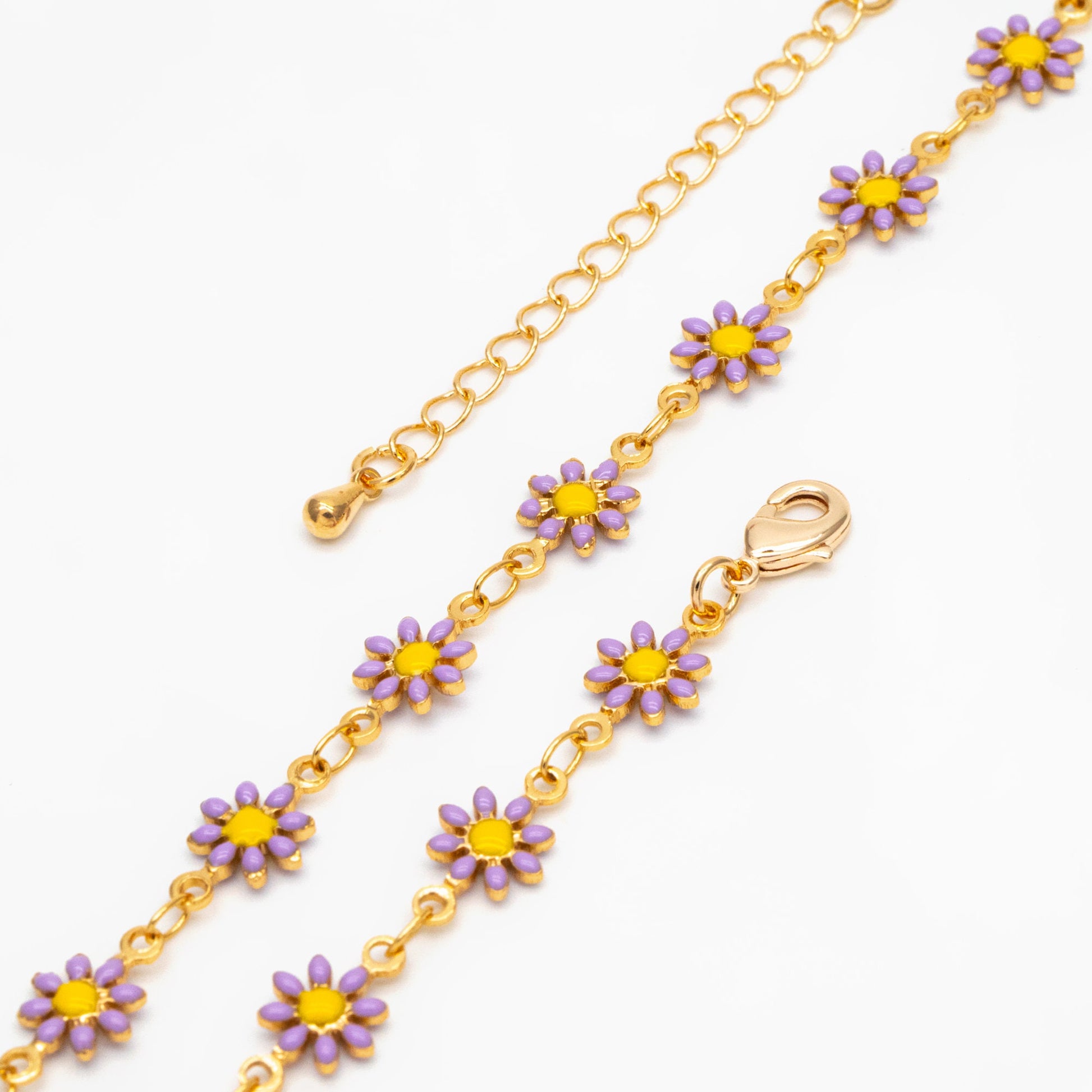 Gold Enamel Flower Chain, Purple Daisy Chain, Finished Bracelet/ Anklet/ Necklace with Extender Chain, Ready to Wear (#LK-578-3)