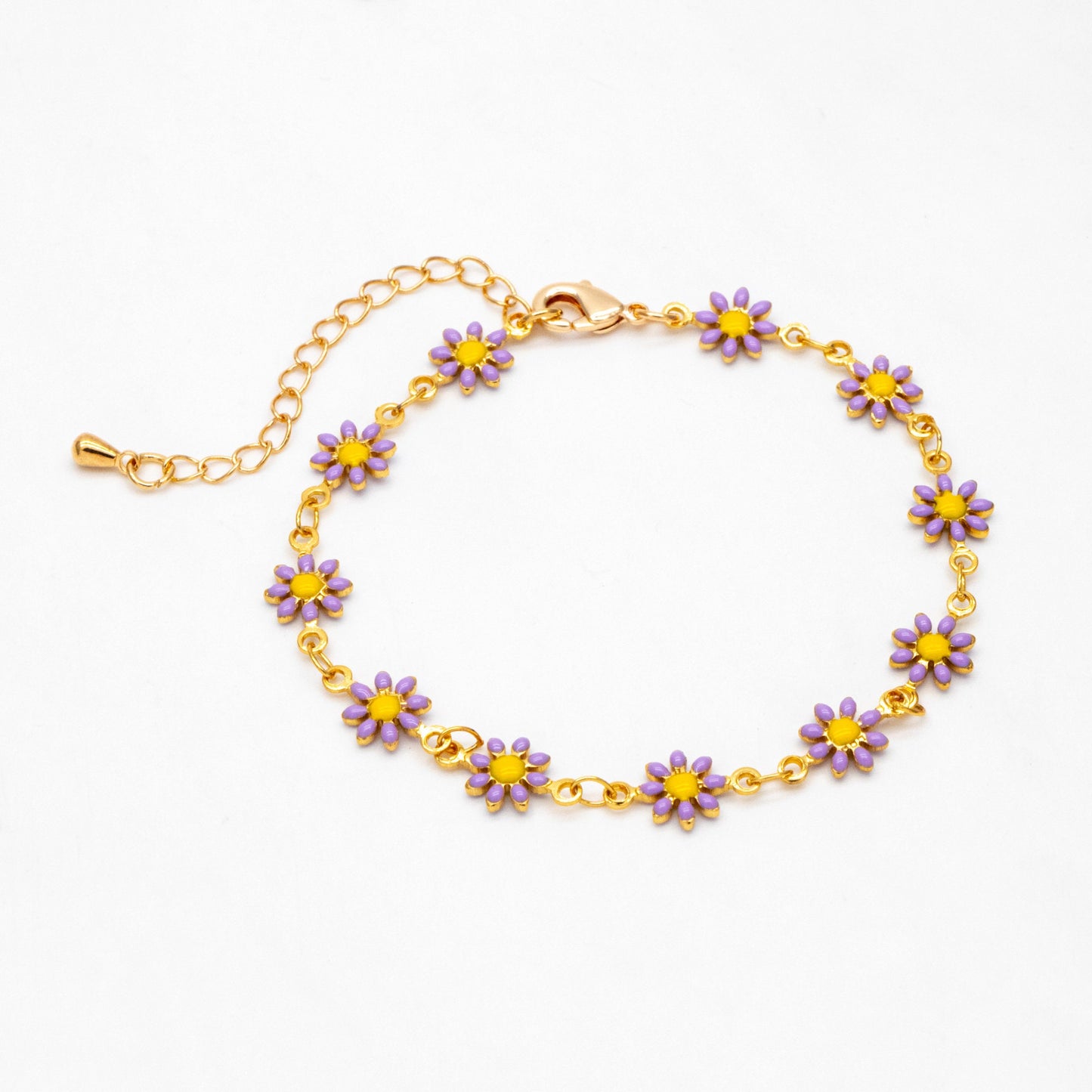 Gold Enamel Flower Chain, Purple Daisy Chain, Finished Bracelet/ Anklet/ Necklace with Extender Chain, Ready to Wear (#LK-578-3)
