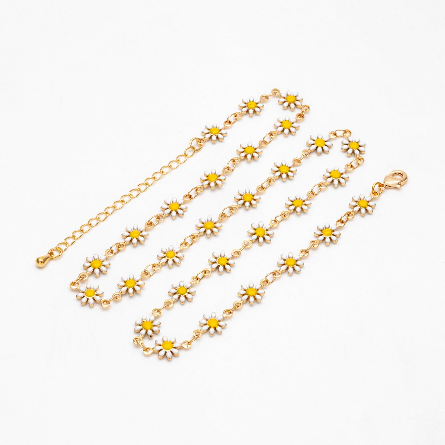 Gold Enamel Flower Chain, White Daisy Chain, Finished Bracelet/ Anklet/ Necklace with Extender Chain, Ready to Wear (#LK-578-1)