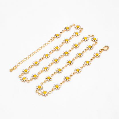 Gold Enamel Flower Chain, White Daisy Chain, Finished Bracelet/ Anklet/ Necklace with Extender Chain, Ready to Wear (#LK-578-1)