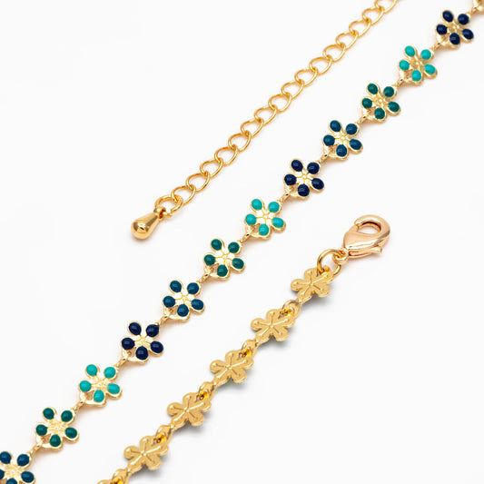 Gold plated Enamel Flower Chain, Finished Bracelet/ Anklet/ Necklace with Extender Chain, 16-18 inch Adjustable, Ready to Wear (#LK-581-5)