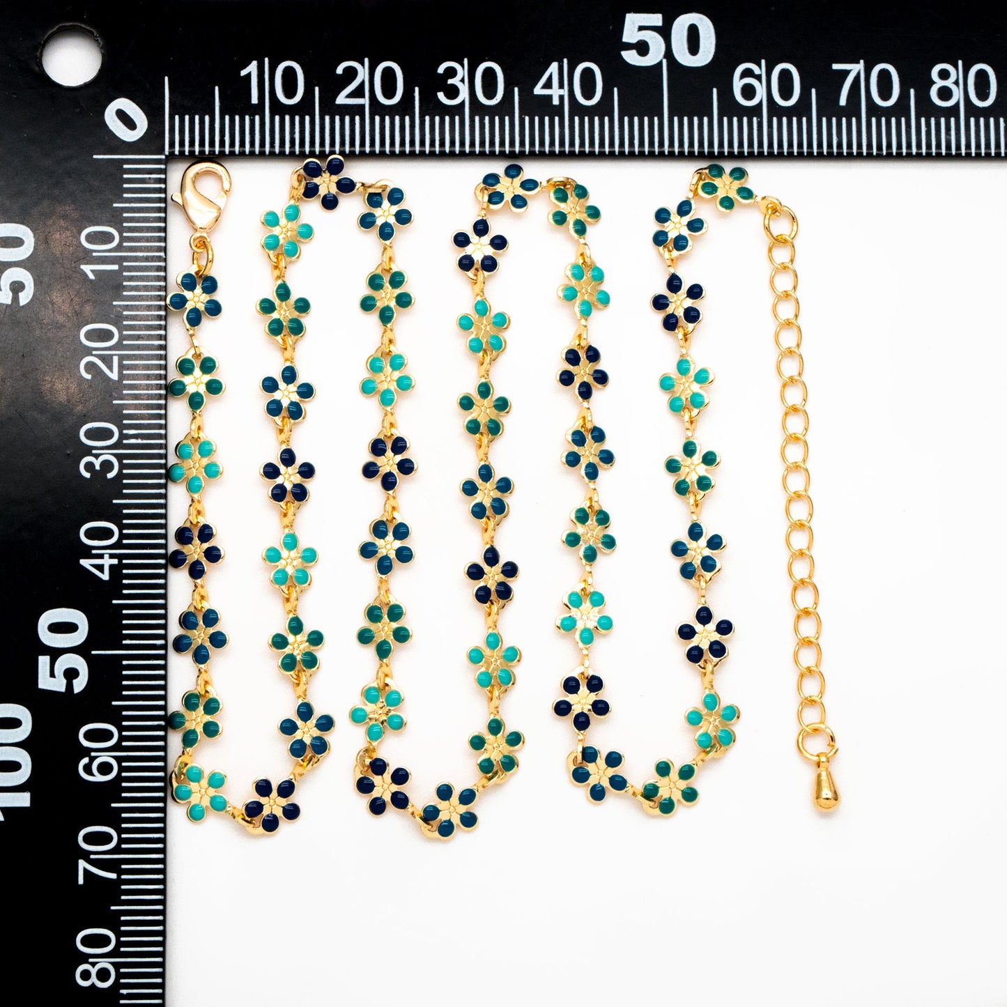 Gold plated Enamel Flower Chain, Finished Bracelet/ Anklet/ Necklace with Extender Chain, 16-18 inch Adjustable, Ready to Wear (#LK-581-5)