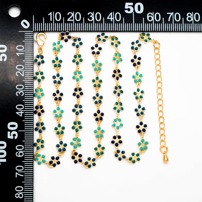 Gold plated Enamel Flower Chain, Finished Bracelet/ Anklet/ Necklace with Extender Chain, 16-18 inch Adjustable, Ready to Wear (#LK-581-5)