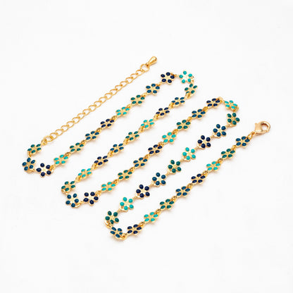 Gold plated Enamel Flower Chain, Finished Bracelet/ Anklet/ Necklace with Extender Chain, 16-18 inch Adjustable, Ready to Wear (#LK-581-5)