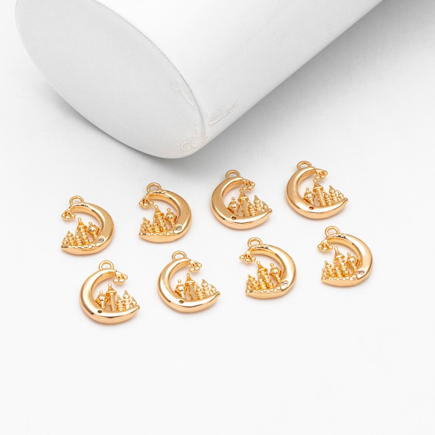 4pcs CZ Pave Gold Moon Castle Charm, 18K Gold plated Brass, Celestial Pendants (#GB-2433-A)