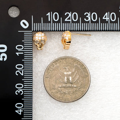 4pcs CZ Pave Gold Skull Earrings, Gold plated Brass, Dainty Stud Earrings (GB-4220)