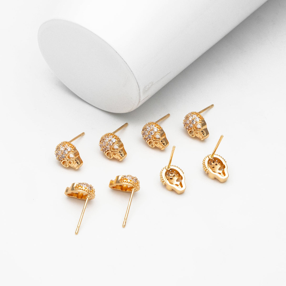 4pcs CZ Pave Gold Skull Earrings, Gold plated Brass, Dainty Stud Earrings (GB-4220)