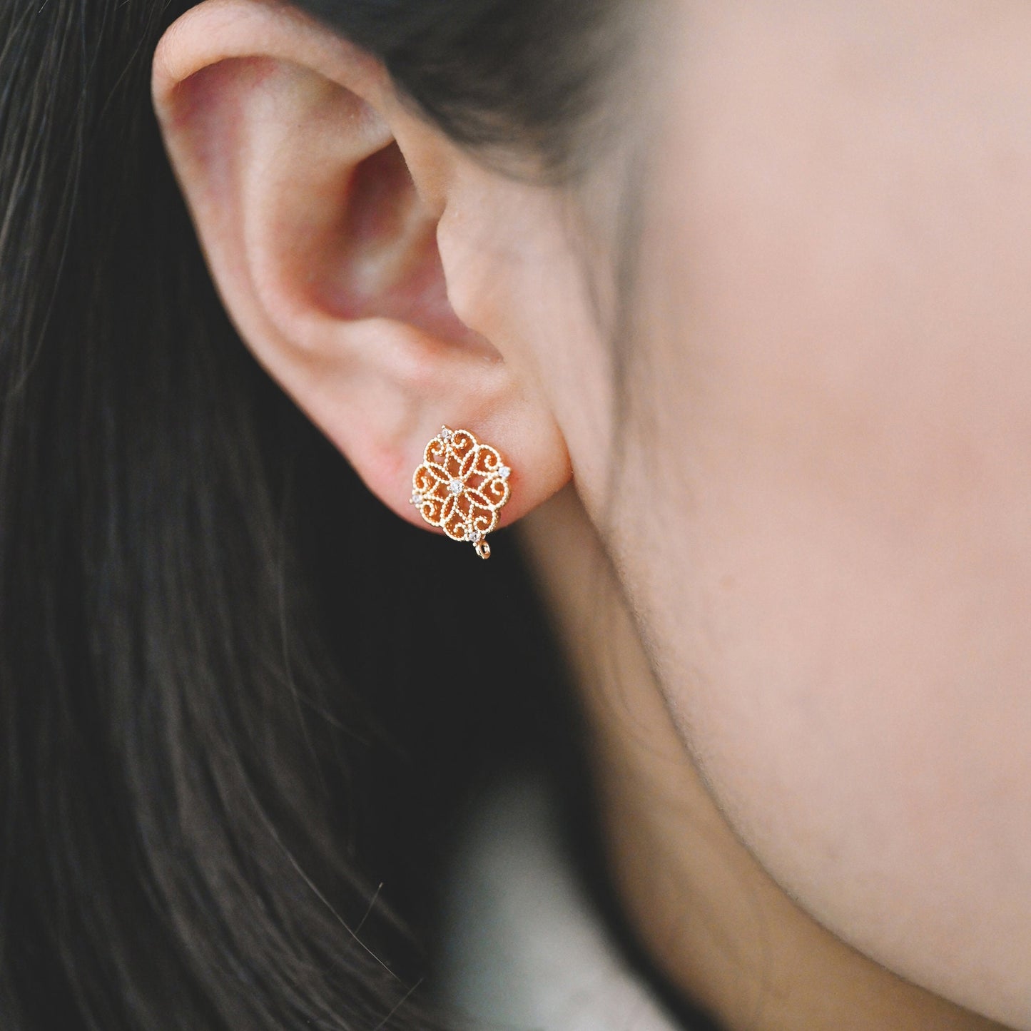 10pcs Emerald CZ Pave Filigree Flower Earring with Loop, 12mm, Real Gold Plated Brass Stud Earrings with Loop (#GB-384)