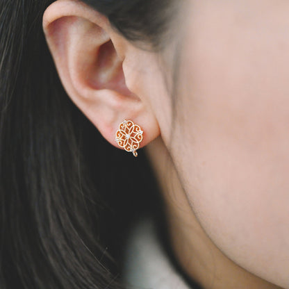 10pcs Emerald CZ Pave Filigree Flower Earring with Loop, 12mm, Real Gold Plated Brass Stud Earrings with Loop (#GB-384)