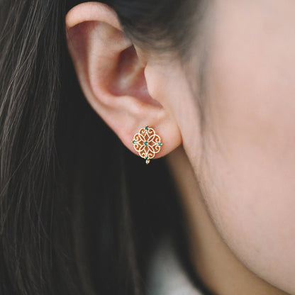 10pcs Emerald CZ Pave Filigree Flower Earring with Loop, 12mm, Real Gold Plated Brass Stud Earrings with Loop (#GB-384)