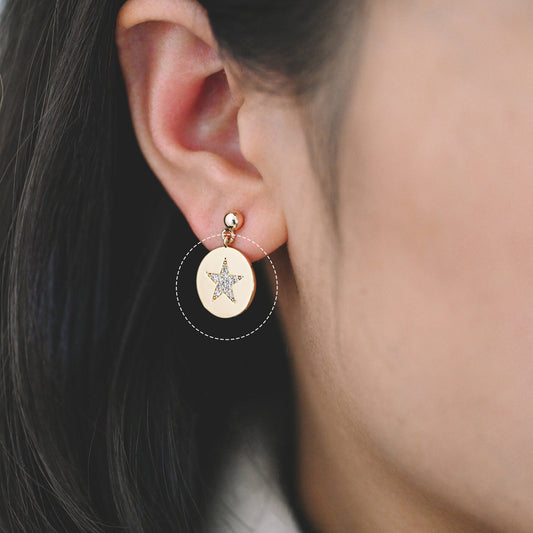 4pcs CZ Pave Gold Star Charms 15mm, Real Gold plated Brass, Round Coin Disk Pendants (GB-2900-A)