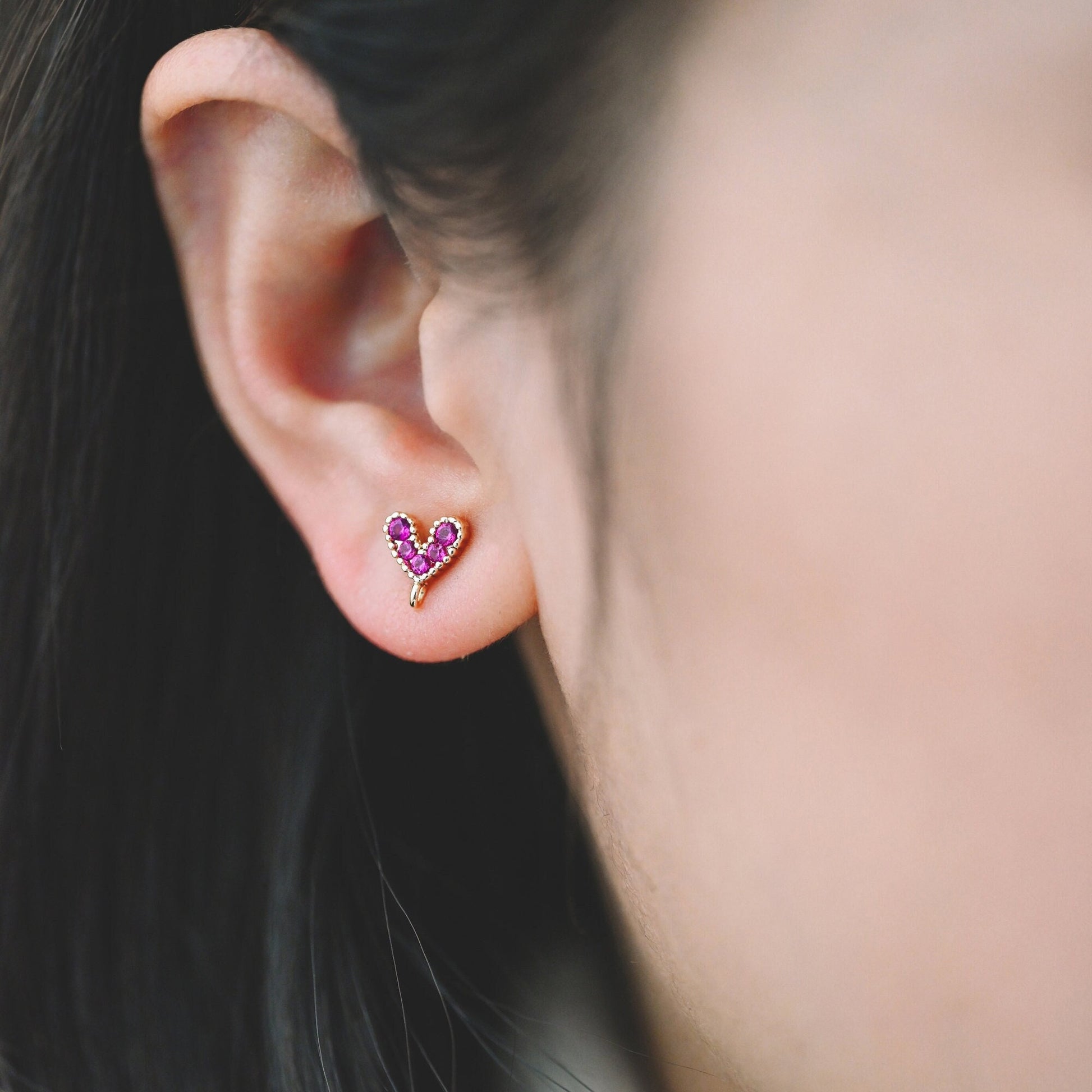 10pcs CZ Pave Gold Heart Ear Posts, 18K Gold plated Brass, Purple Heart Stud Earrings (GB-765)