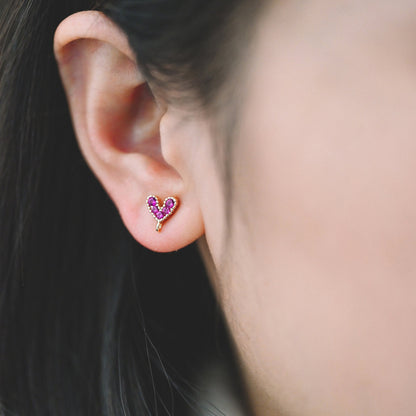 10pcs CZ Pave Gold Heart Ear Posts, 18K Gold plated Brass, Purple Heart Stud Earrings (GB-765)