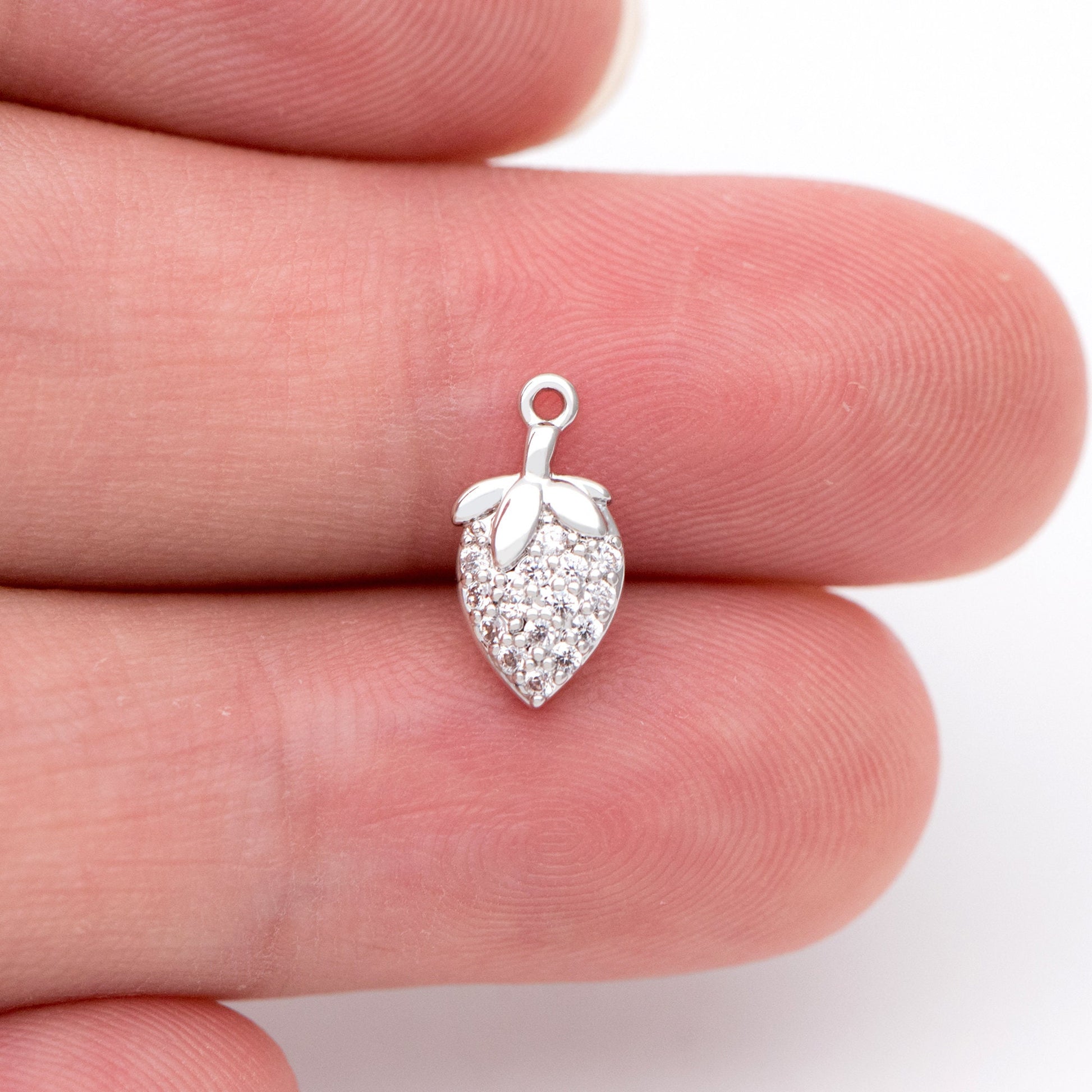 4pcs CZ Pave Gold/ Silver Tone Strawberry Charm Pendants 12x6mm, 18K Gold/ rhodium plated on Brass (GB-769)