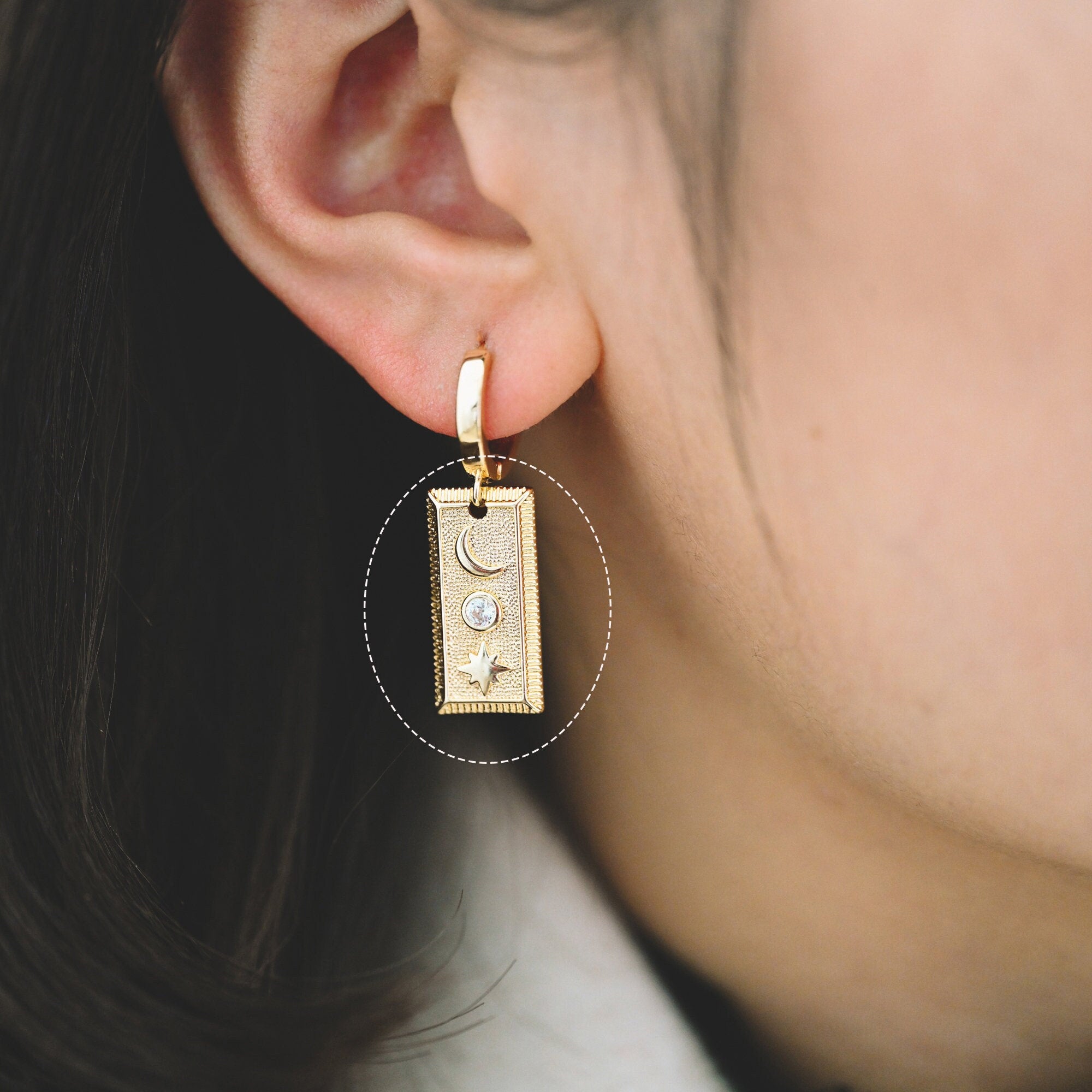 4pcs CZ Pave Gold / Silver Tone Rectangle Moon North Star Charm 18x10mm, 18K Gold plated Brass (GB-2394-B)