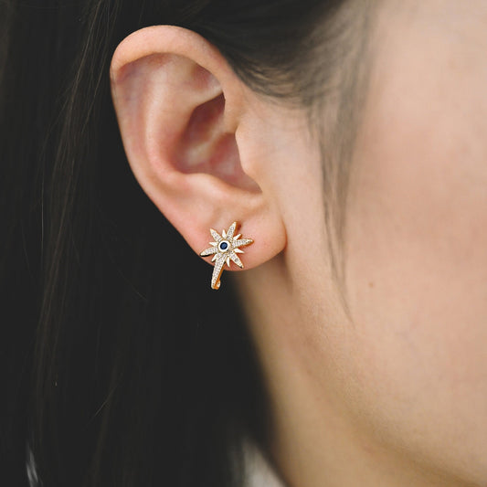 4pcs CZ Pave North Star Ear Posts with Loops,25x11mm, Real Gold Plated Brass Star Stud Earrings (#GB-1687)